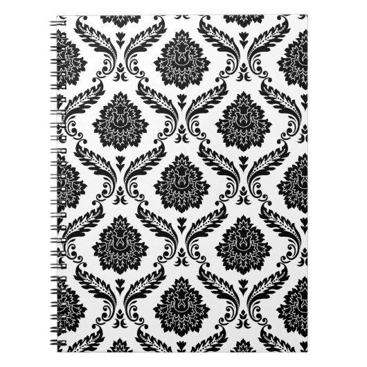 Rococo-Damask-Muster Schwarz auf Weiß Notizblock (Vorderseite)