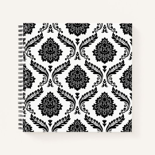 Rococo-Damask-Muster Schwarz auf Weiß Notizblock (Vorderseite)