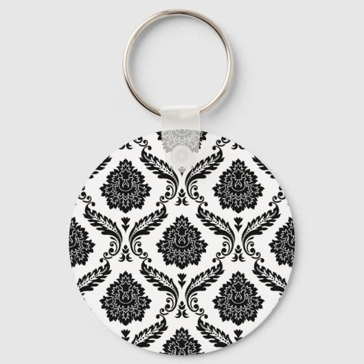 Rococo-Damask-Muster Schwarz auf Weiß Schlüsselanhänger (Vorderseite)