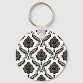 Rococo-Damask-Muster Schwarz auf Weiß Schlüsselanhänger (Rückseite)