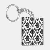 Rococo-Damask-Muster Schwarz auf Weiß Schlüsselanhänger (Vorderseite links)