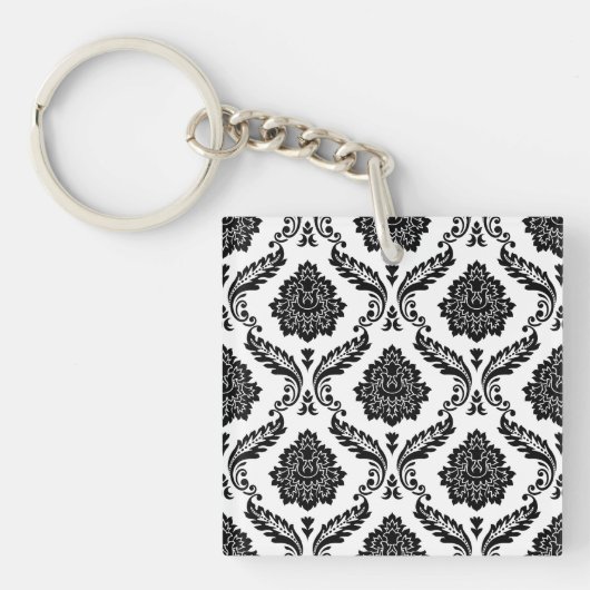 Rococo-Damask-Muster Schwarz auf Weiß Schlüsselanhänger (Vorderseite)