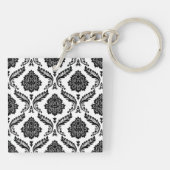 Rococo-Damask-Muster Schwarz auf Weiß Schlüsselanhänger (Rückseite)