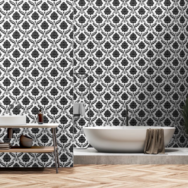 Rococo-Damask-Muster Schwarz auf Weiß Tapete (Badezimmer)