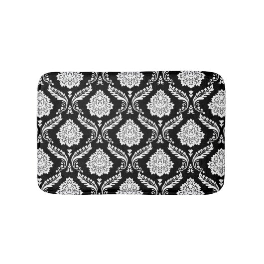 Rococo-Damask-Muster Weiß auf Schwarz Badematte (Vorderseite)