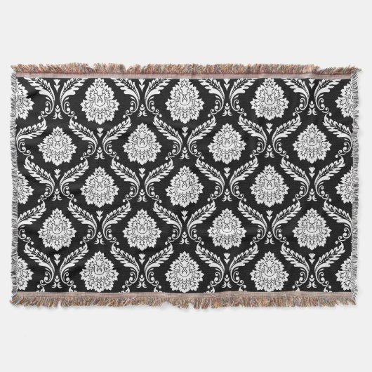 Rococo-Damask-Muster Weiß auf Schwarz Decke (Vorderseite)