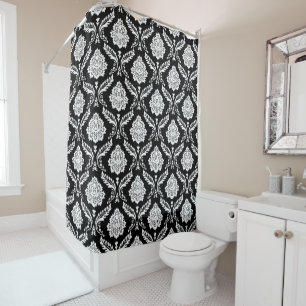 Rococo-Damask-Muster Weiß auf Schwarz Duschvorhang