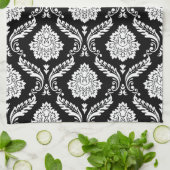 Rococo-Damask-Muster Weiß auf Schwarz Geschirrtuch (Gefaltet)