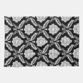 Rococo-Damask-Muster Weiß auf Schwarz Geschirrtuch (Horizontal)