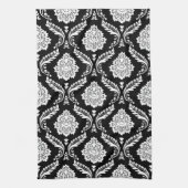 Rococo-Damask-Muster Weiß auf Schwarz Geschirrtuch (Vertikal)