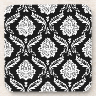 Rococo-Damask-Muster Weiß auf Schwarz Getränkeuntersetzer