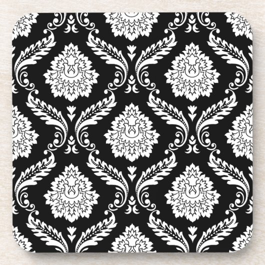 Rococo-Damask-Muster Weiß auf Schwarz Getränkeuntersetzer (Vorderseite)