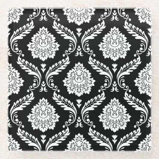 Rococo-Damask-Muster Weiß auf Schwarz Glasuntersetzer (Vorderseite)