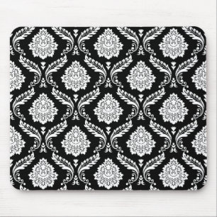 Rococo-Damask-Muster Weiß auf Schwarz Mousepad