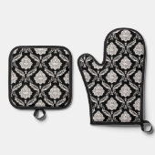 Rococo-Damask-Muster Weiß auf Schwarz Ofenhandschuh & Topflappen-Set (Vorderseite)