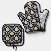 Rococo-Damask-Muster Weiß auf Schwarz Ofenhandschuh & Topflappen-Set (Vorderseite/Rückseite)