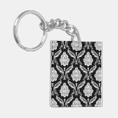 Rococo-Damask-Muster Weiß auf Schwarz Schlüsselanhänger (Vorderseite links)
