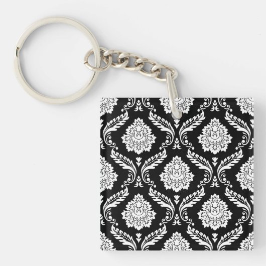 Rococo-Damask-Muster Weiß auf Schwarz Schlüsselanhänger (Vorderseite)