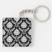 Rococo-Damask-Muster Weiß auf Schwarz Schlüsselanhänger (Rückseite)