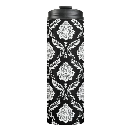 Rococo-Damask-Muster Weiß auf Schwarz Thermosbecher (Vorderseite)