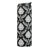 Rococo-Damask-Muster Weiß auf Schwarz Thermosbecher (Nach links gedreht)