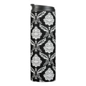 Rococo-Damask-Muster Weiß auf Schwarz Thermosbecher (Nach rechts gedreht)