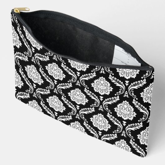 Rococo-Damask-Muster Weiß auf Schwarz Zubehörtasche (Offen)
