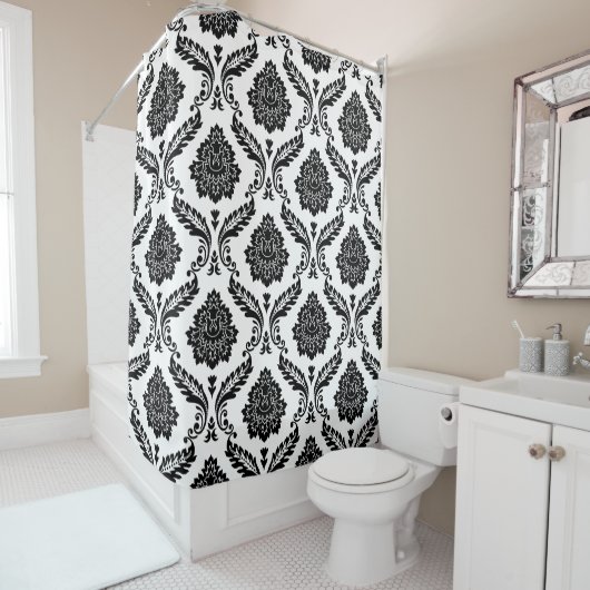Rococo Damask Pattern Black on White Duschvorhang (Beispiel)