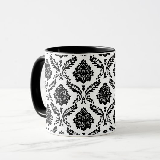 Rococo Damask Pattern Black on White Tasse (Vorderseite Links)