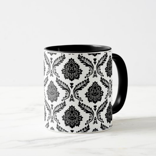 Rococo Damask Pattern Black on White Tasse (VorderseiteRechts)