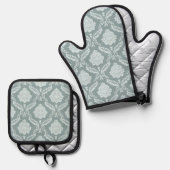 Rococo Damask Pattern Duck Egg Blue+Teal Ofenhandschuh & Topflappen-Set (Vorderseite/Rückseite)