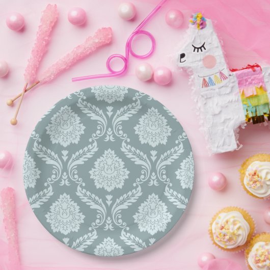 Rococo Damask Pattern Duck Egg Blue+Teal Pappteller (Party)
