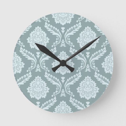 Rococo Damask Pattern Duck Egg Blue+Teal Runde Wanduhr (Vorderseite)