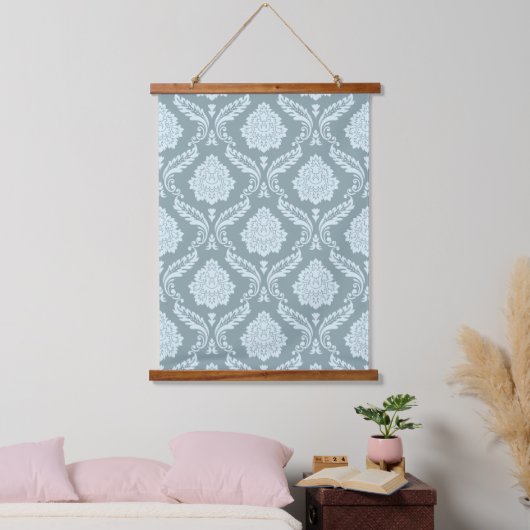 Rococo Damask Pattern Duck Egg Blue+Teal Wandteppich Mit Holzrahmen (Schlafzimmer)