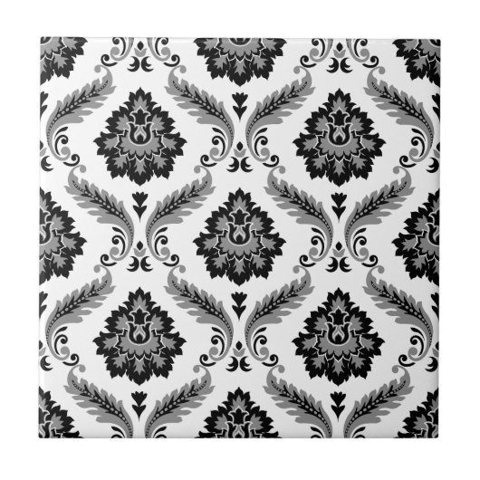 Rococo Damask Pattern Grey Black White Fliese (Vorderseite)