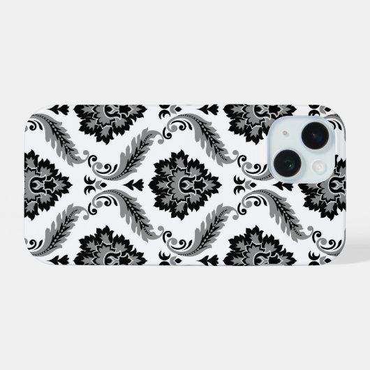 Rococo Damask Pattern Grey Black White iPhone 15 Hülle (Rückseite (Horizontal))