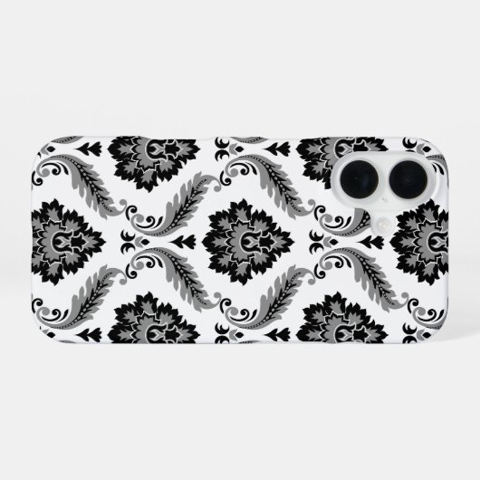 Rococo Damask Pattern Grey Black White iPhone 16 Hülle (Rückseite (Horizontal))