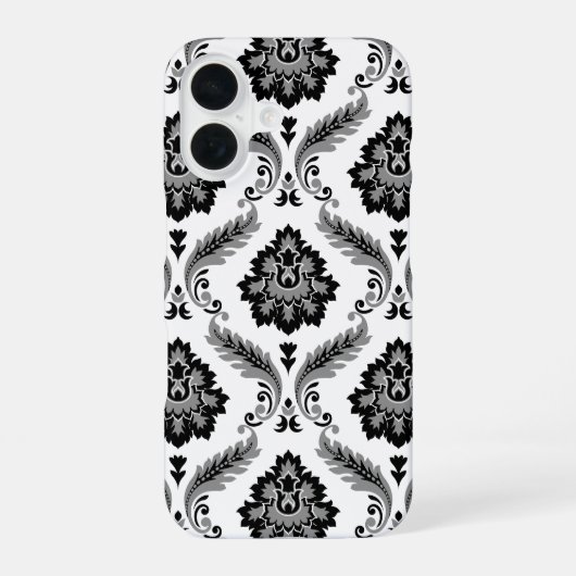 Rococo Damask Pattern Grey Black White iPhone 16 Hülle (Rückseite)