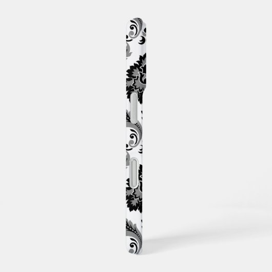 Rococo Damask Pattern Grey Black White iPhone 16 Hülle (Rechte Seite)