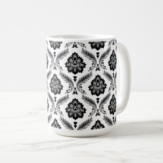 Rococo Damask Pattern Grey Black White Kaffeetasse (VorderseiteRechts)