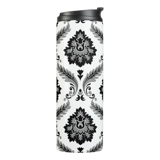 Rococo Damask Pattern Grey Black White Thermosbecher (Nach links gedreht)
