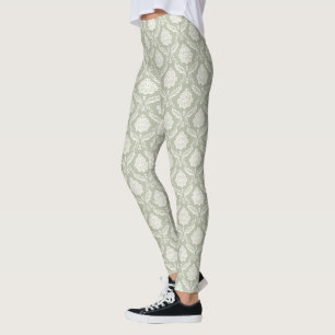 Rococo-Damask-Wiederholungsmuster Creme auf Grün Leggings