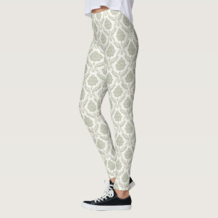 Rococo-Damask-Wiederholungsmuster Grün auf Creme Leggings
