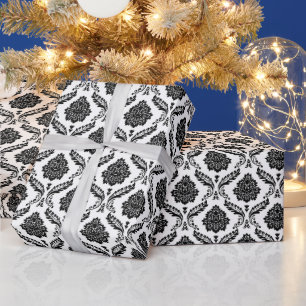 Rococo-Damask-Wiederholungsmuster Schwarz auf Weiß Geschenkpapier