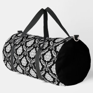 Rococo-Damask-Wiederholungsmuster Weiß auf Schwarz Duffle Bag