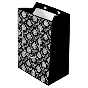 Rococo-Damask-Wiederholungsmuster Weiß auf Schwarz Mittlere Geschenktüte