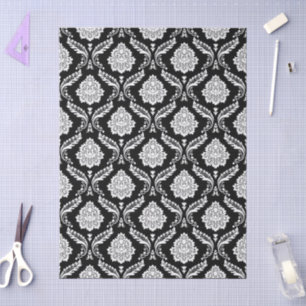 Rococo-Damask-Wiederholungsmuster Weiß auf Schwarz Seidenpapier