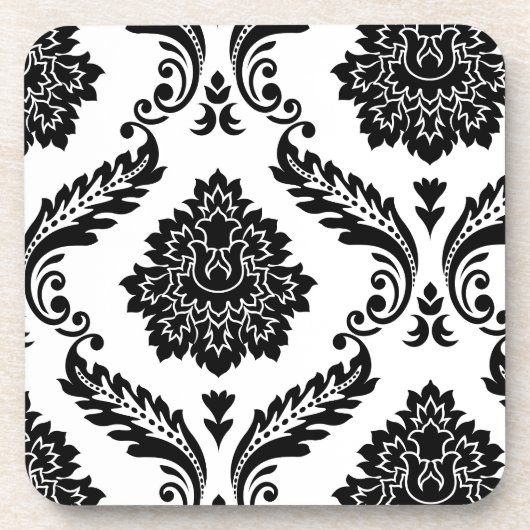 Rococo-Damasken-Versatzmuster Schwarz auf Weiß Getränkeuntersetzer (Vorderseite)