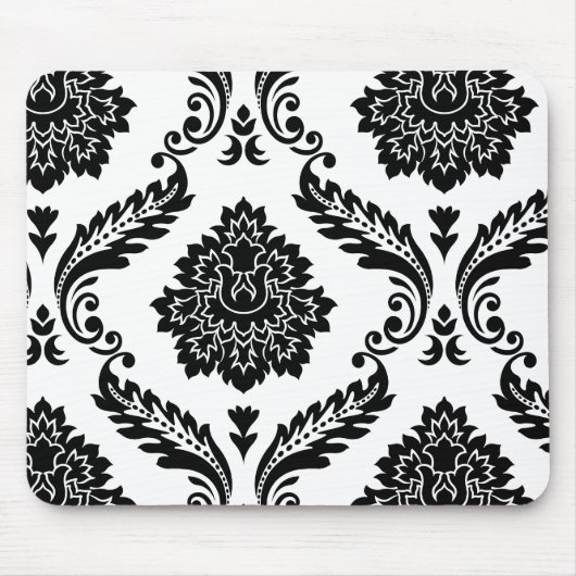 Rococo-Damasken-Versatzmuster Schwarz auf Weiß Mousepad (Vorne)