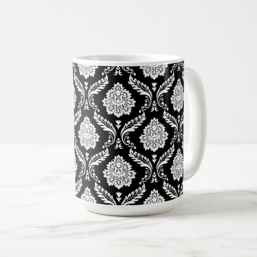 Rococo-Damaskenmuster Weiß auf Schwarz Kaffeetasse (VorderseiteRechts)
